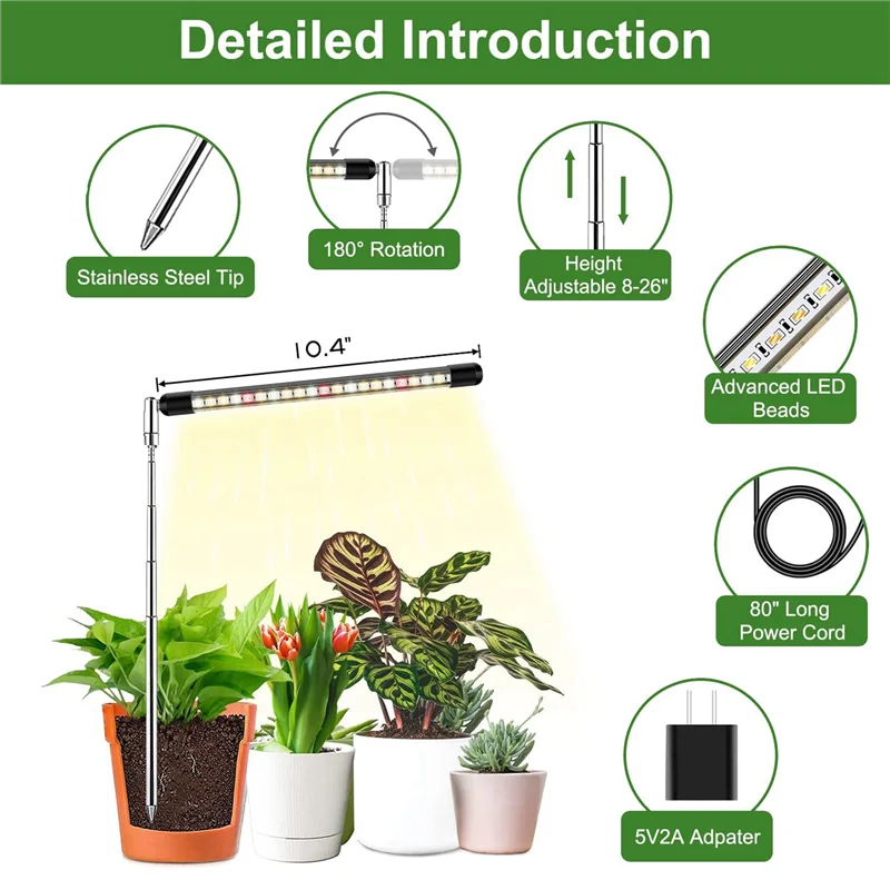 ABUP-2X Full Spectrum LED Grow Lights For Plants With Adjustable Height, 3 Lighting Spectrum, Auto Timer 3/9/12H US Plug