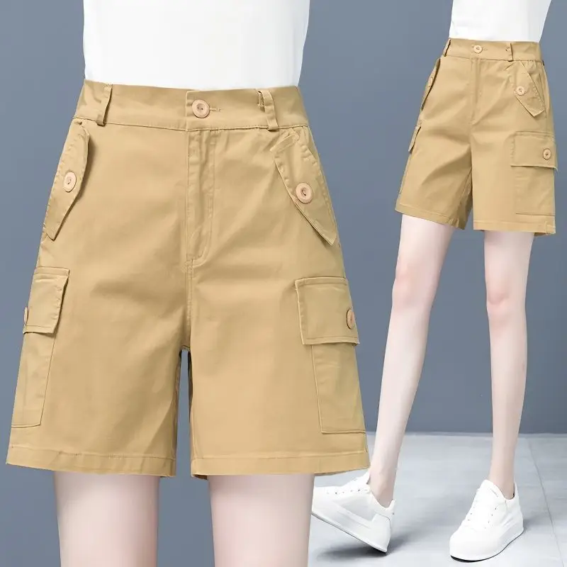 Fashion Zipper Button Pockets Solid Color Straight Cargo Shorts Female Clothing 2024 Summer New Loose High Waist Casual Shorts