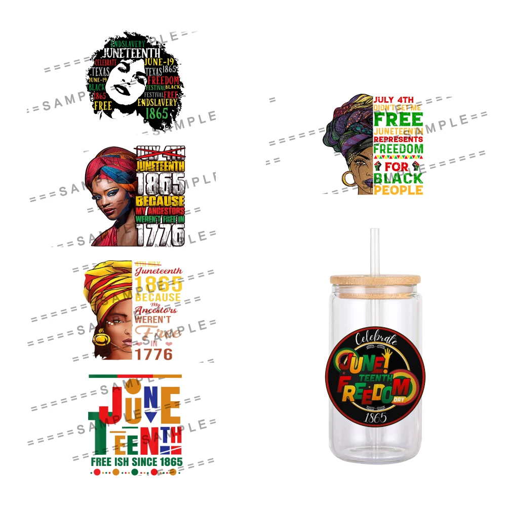 11x12cm Juneteenth Design Girl  Pattern UV DTF Waterproof Transfers Decals For 16oz Glass Cup Wrap Stickers