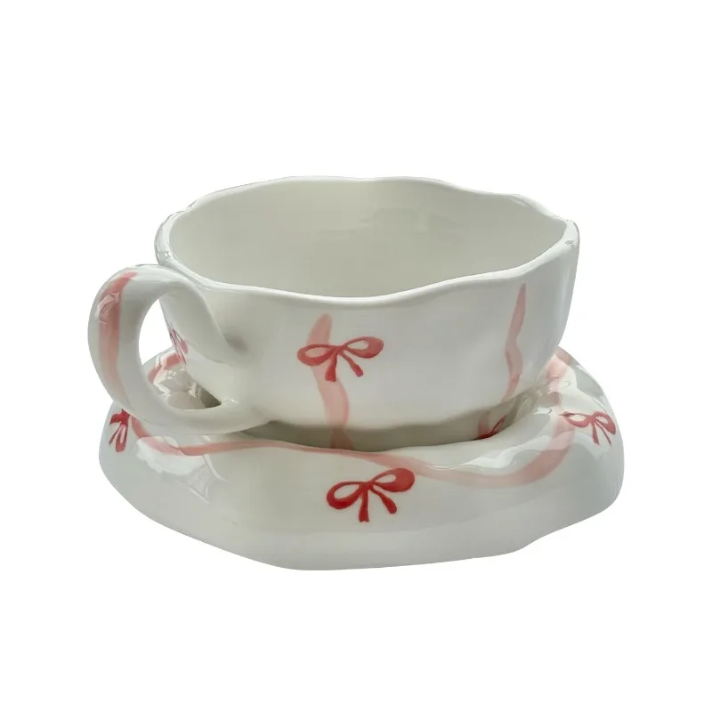 

Hand-squeezed ceramic coffee cup, hand-painted bow cup saucer, afternoon tea latte flower cup
