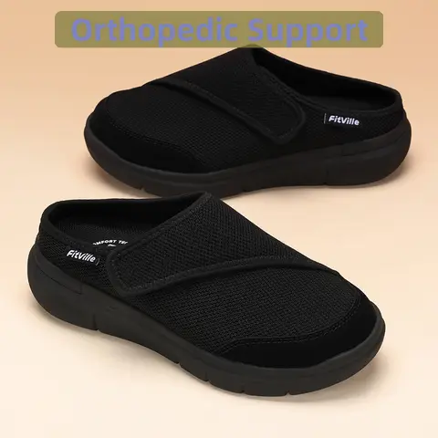 FitVille Women's Orthopedic Slippers Wide Fleece Lined Clogs with Arch Support Recovery Pedic Shoes Comfortable Slip-On Footwear