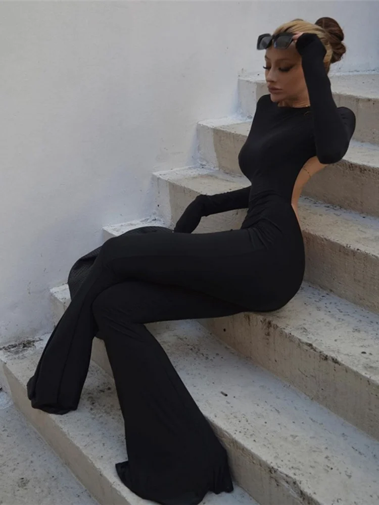 

Backless Jumsuit For Women Overall Long Sleeve One Piece Outfit Flare Pants Black Monos Mujer Elegante Bodycon Combinaison Femme