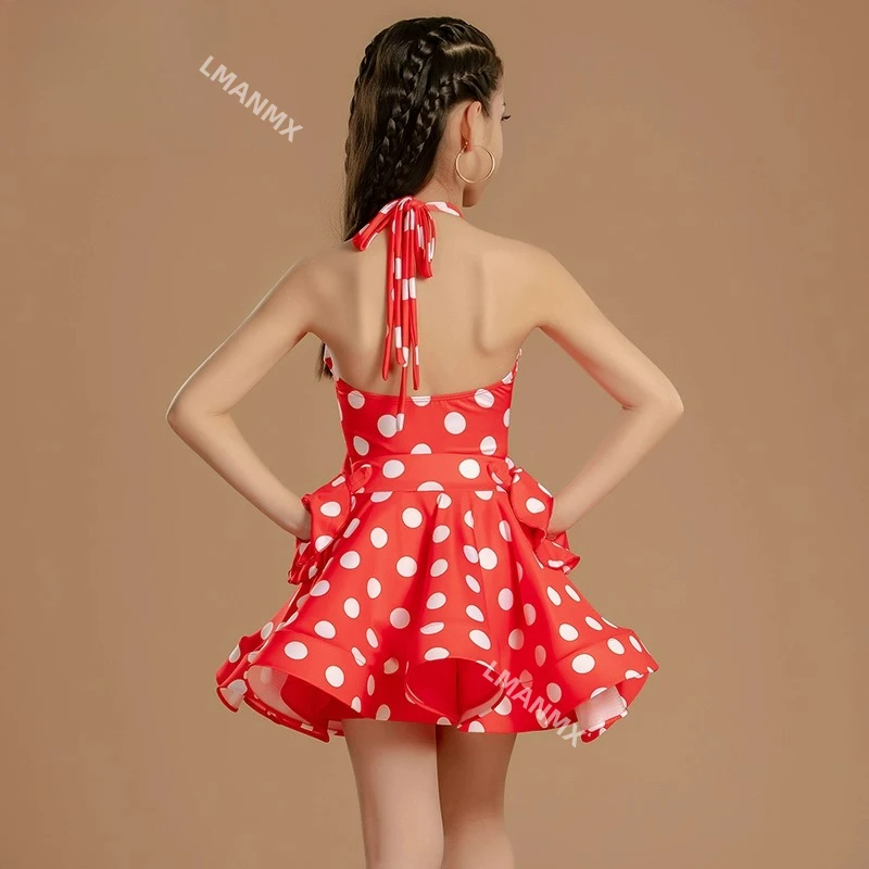 مهارات تدريب الرقص اللاتيني للأطفال، ملابس مهرجان المنافسة، مجموعة كبيرة منقطة مموجة باللونين الأحمر والأبيض #4