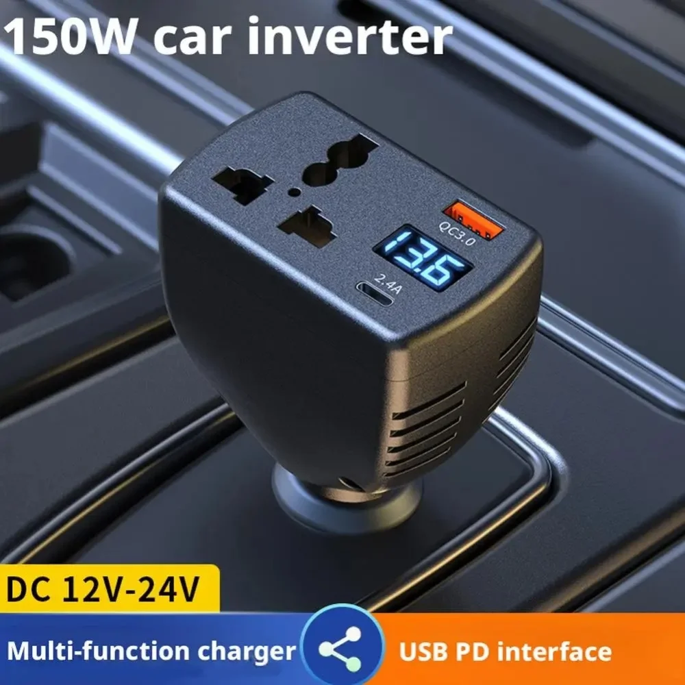 150W Car Power Inverter DC 12V/24V to AC 220V Cigarette Lighter Adapter in Car with QC3.0 USB TypeC Port Charger Power Converter