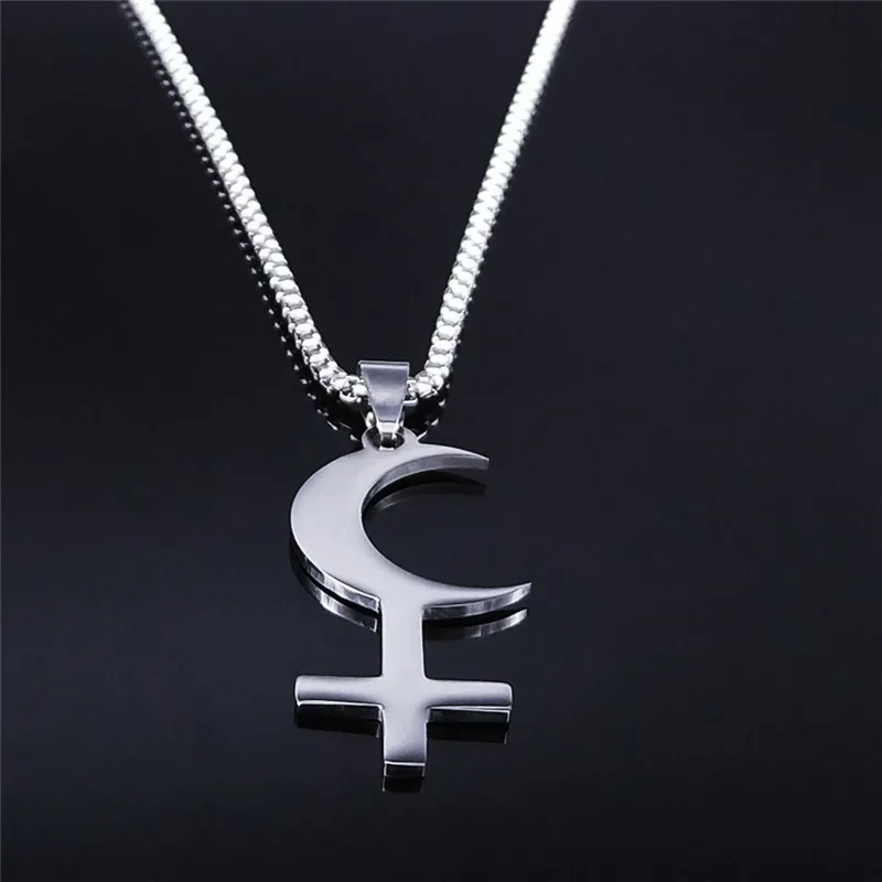 Ethnic Style Stainless Steel Cross Bending Moon Pendant Necklace UNISEX Minimalist  Chokers Religious Jewelry