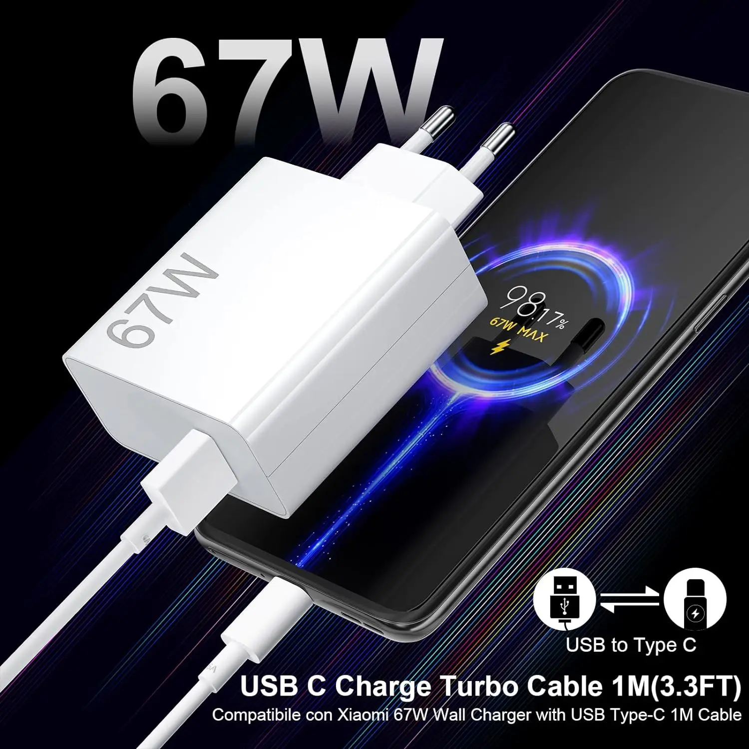 6A 67W Ultra Fast Wall Charger for Xiaomi 11 12 Lite 13T 14 Redmi Note 11T 12T 13 POCO F4 F5 X4 X5 X6 Pro Type C Charging Cable