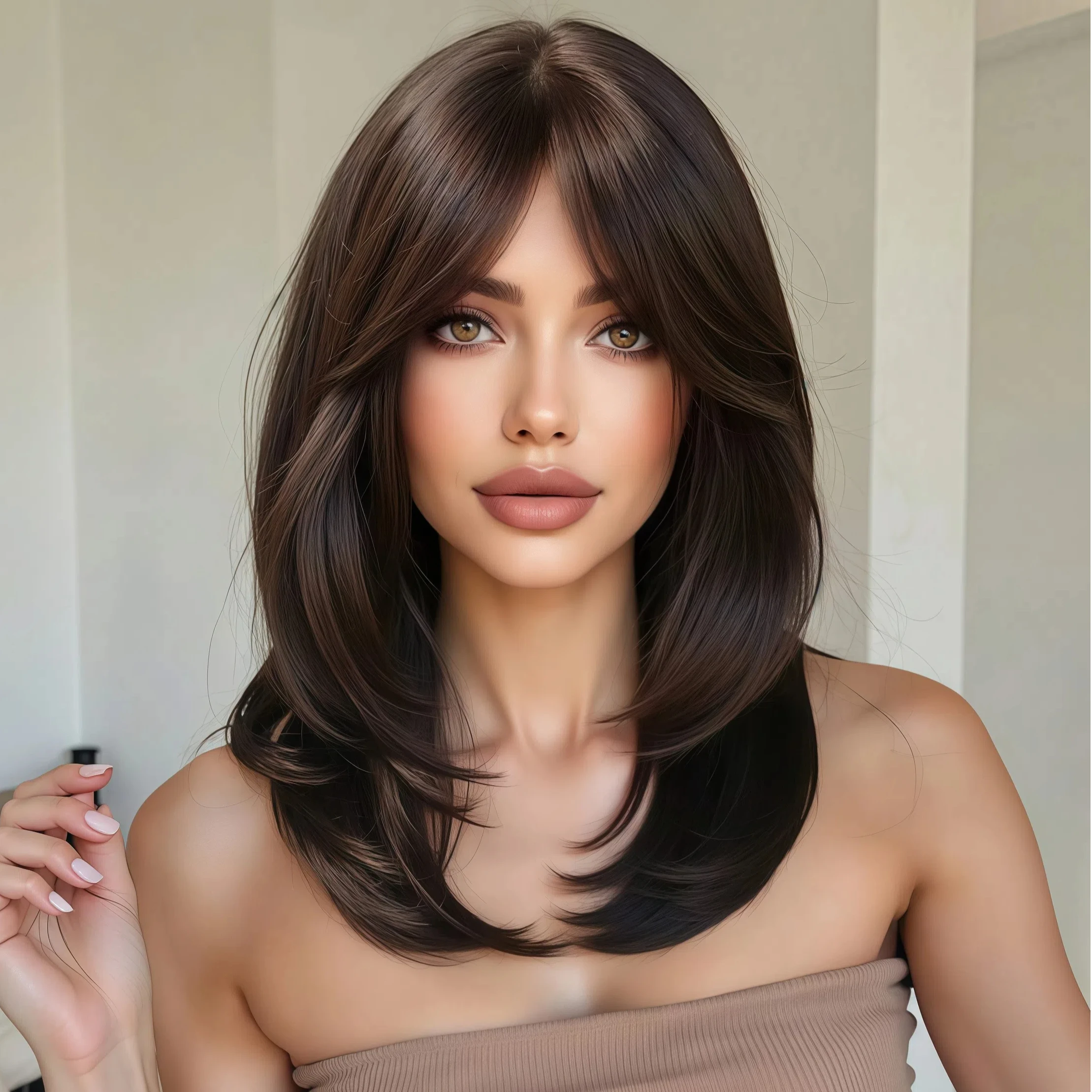 شعر صناعي مفرود بني متوسط الطول، طراز أوروبي وأمريكي للنساء مناسب للارتداء اليومي وأعياد الميلاد