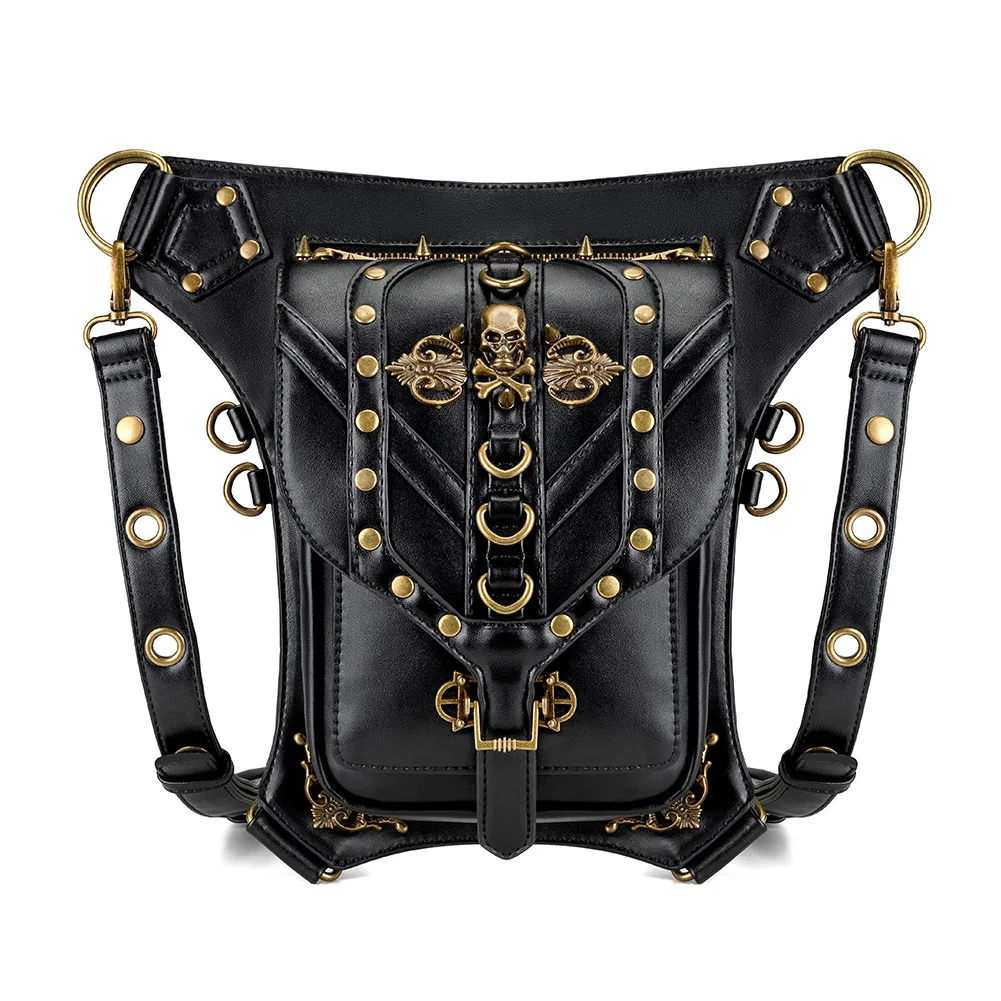 Unisex Motorcycle Leg Bag Waterproof Slant Shoulder Bag Metal Heavy Duty Skull Waist Bag Fashionable Black Soft Polyester 