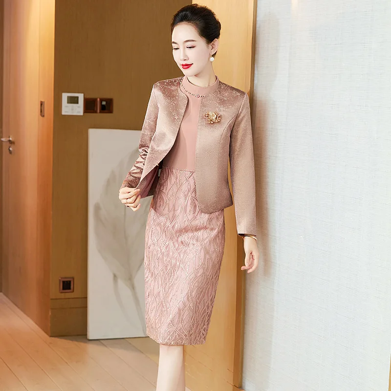 

Pink Lace Mother Of The Bride Dresses With Jacket Elegant Long Sleeve Women Formal Gowns For Wedding Party