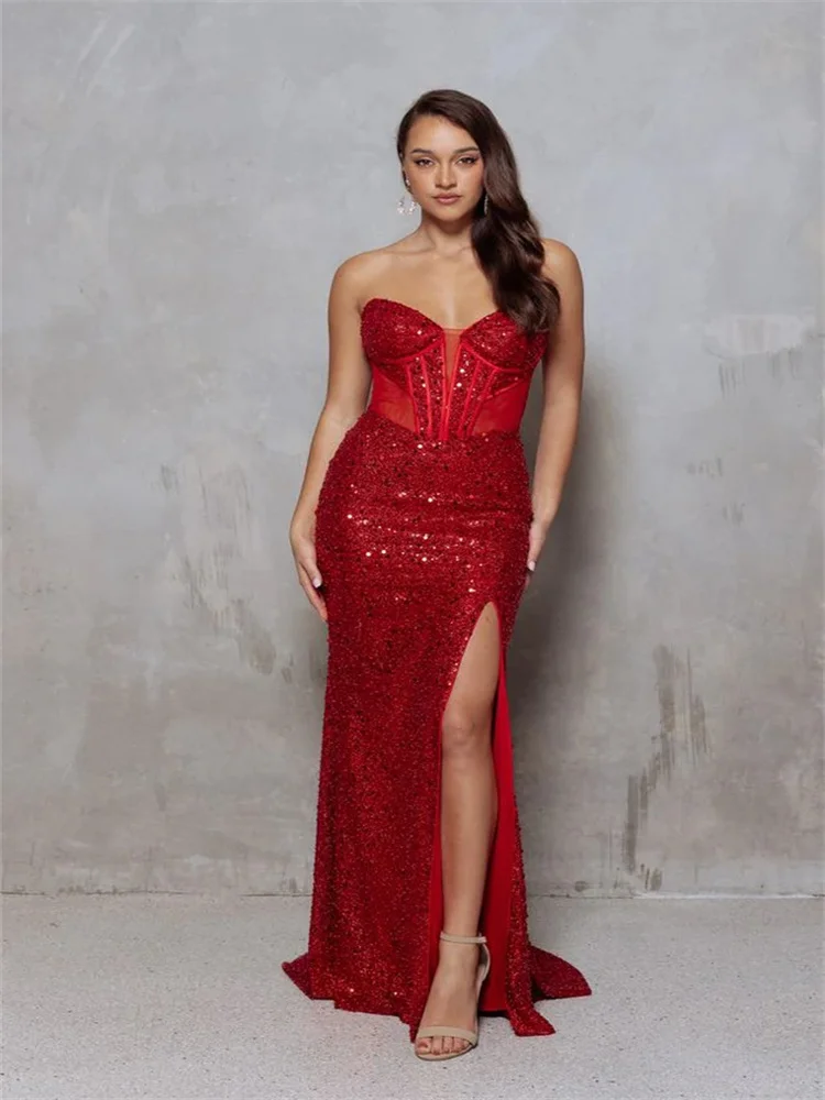 Customized Strapless Neckline Sleeveless Sequin Sheath Evening Dress Open Lace Up Back Floor Length Side Slit Gown For Women