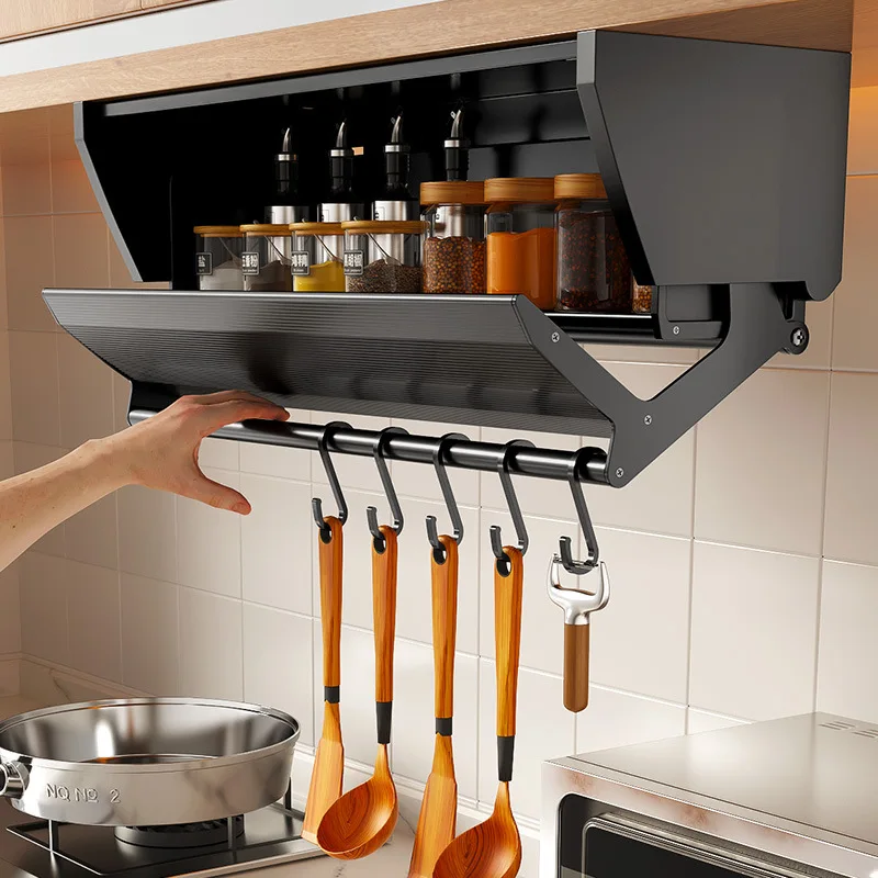 Japanese Kitchen Pull-down Folding Seasoning Shelf Condiment Storage Under The Hanging Cabinet Multi-function Storage Rack