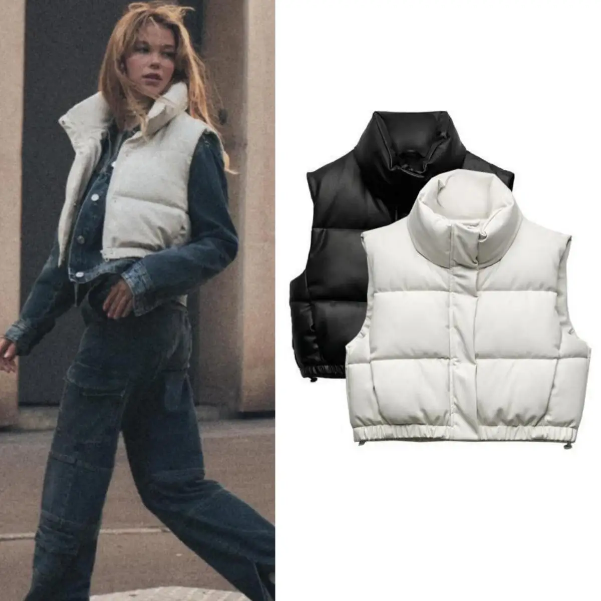 

Warm Bla PU Leather ort Vest Cotton Jaet Outerwear Faux Leather Vest Autumn Winter New Sle Commute ket Zipper Pure...