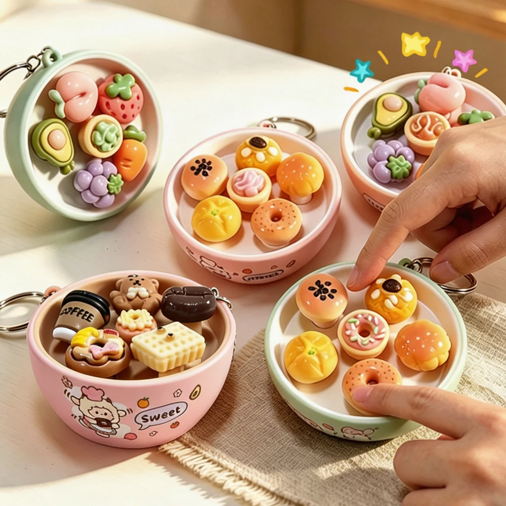 Cute Whack-a-Mole Press Fidget Toy Keychain Mini Simulation Dessert Bowl Stress Relief Bag Charm Backpack Pendant Birthday Gift