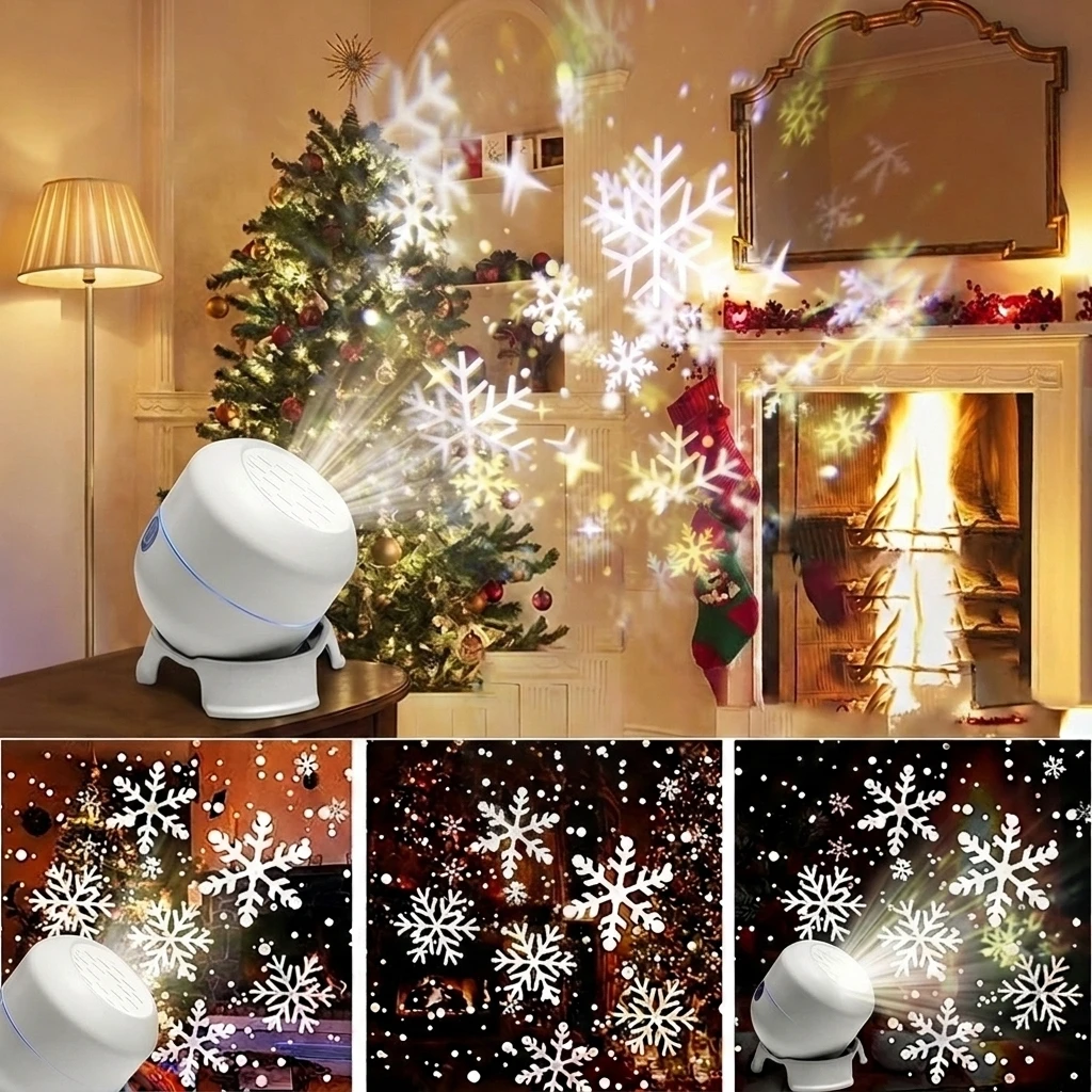 Dynamic Rotating Snowflake Projector Light USB Rechargeable Projection Night Light for Bedroom Festival Party Christmas Decor