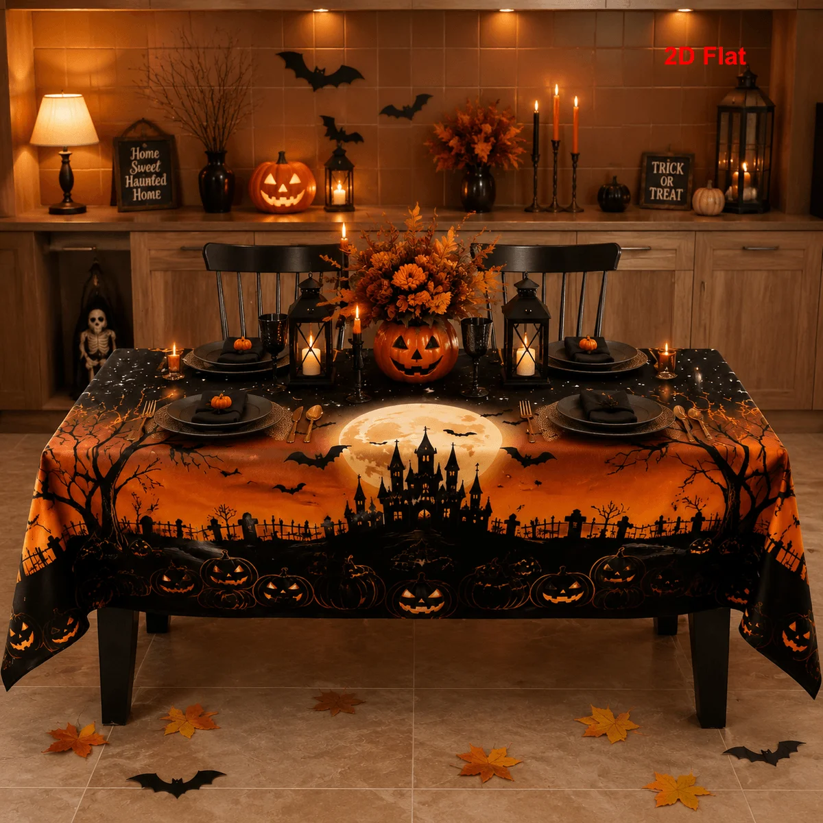 2D flat 1 piece tablecloth suitable for Halloween for family dining rectangular polyester autumnzyc