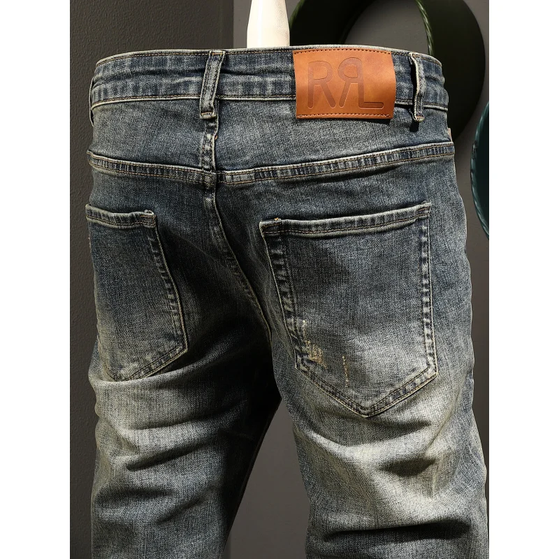 Осень 2021, мужская одежда, элитные джинсы в стиле ретро, мужские прямые повседневные уличные ностальгические эластичные облегающие джинсовые брюки