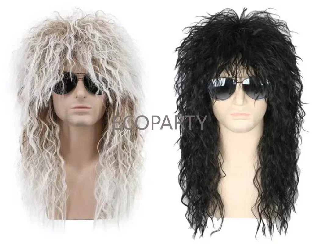 

Young Men Wig 70s and 80s Rock Punk Long Curly Hair Black Heat Resistant Synthetic Hair Fancy Party Accessory Cosplay Hair Wig