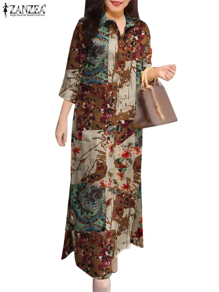 ZANZEA-Robe Longue en Coton à Manches 3/4 pour Femme, Chemise Vintage à Imprimé Floral, Maxi, à la Mode, Revers, Été