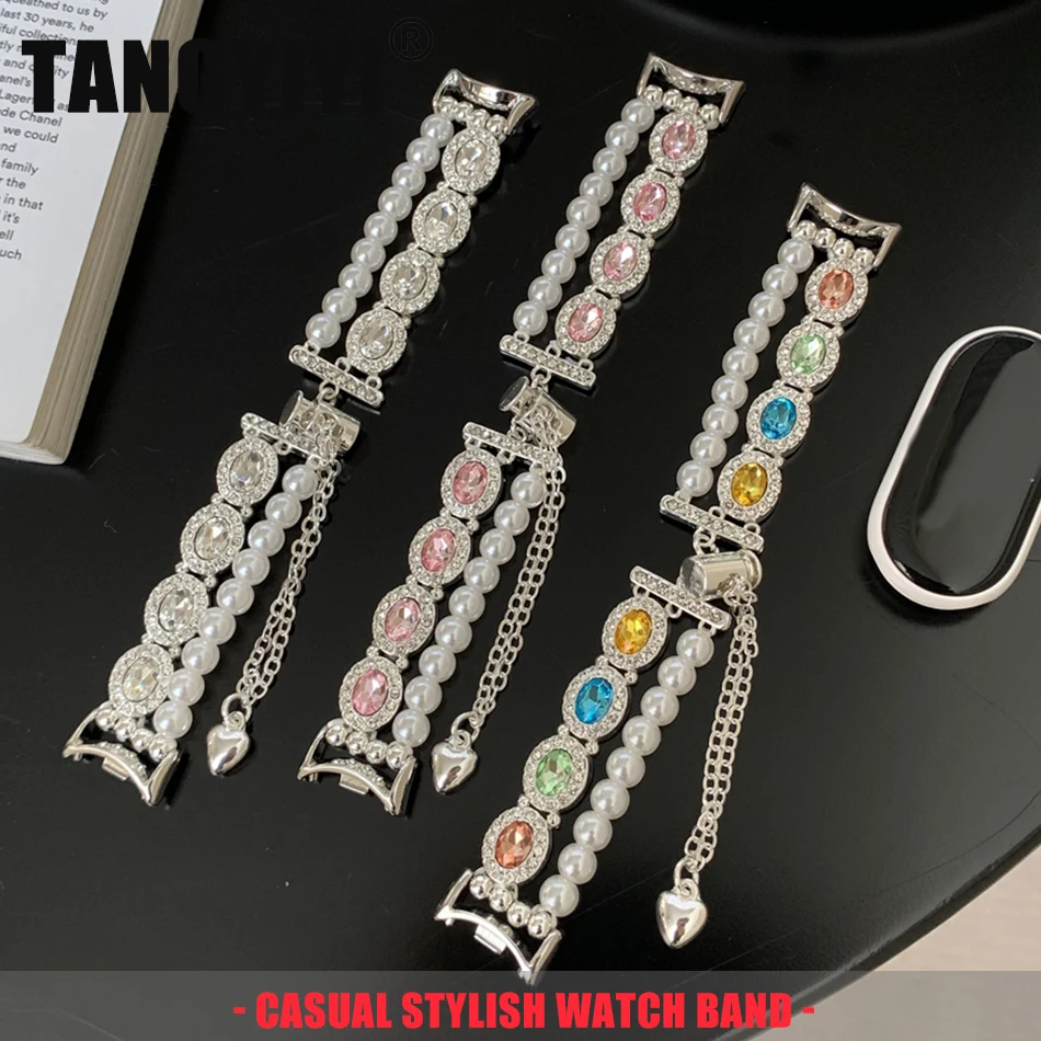 

Pearls Colored Diamond Chain Bracelet For Xiaomi Mi Band 10 8 9 Metal Strap For Miband 9 Pro 8 Pro Watch Band Replace Wristband