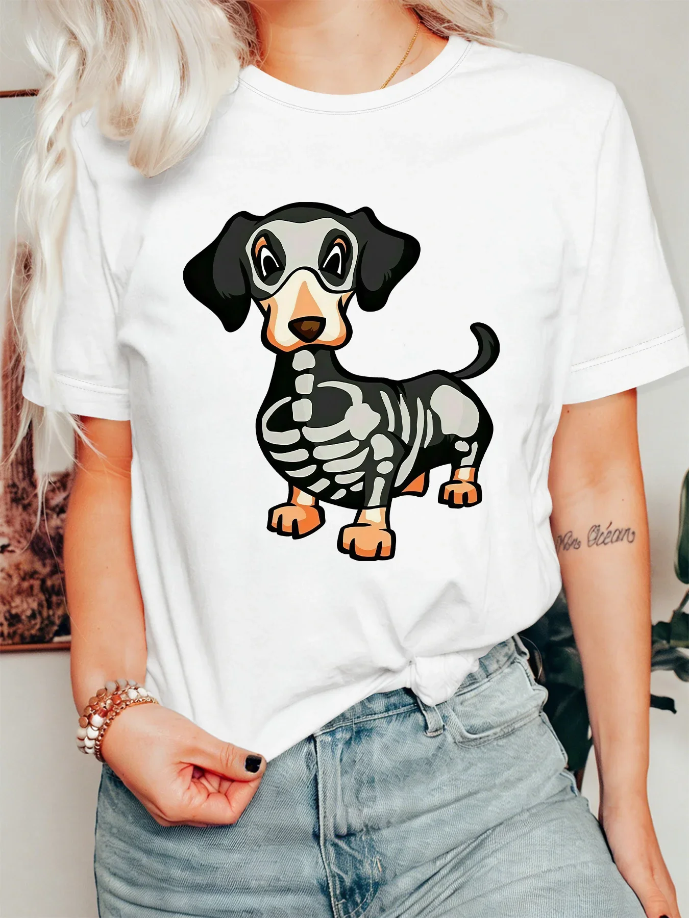 Halloween Dachshund Womens T Shirt Skeleton Puppy Spooky Ghost Dog Graphic Print Short Sleeve O Neck Casual Fall Party Tops