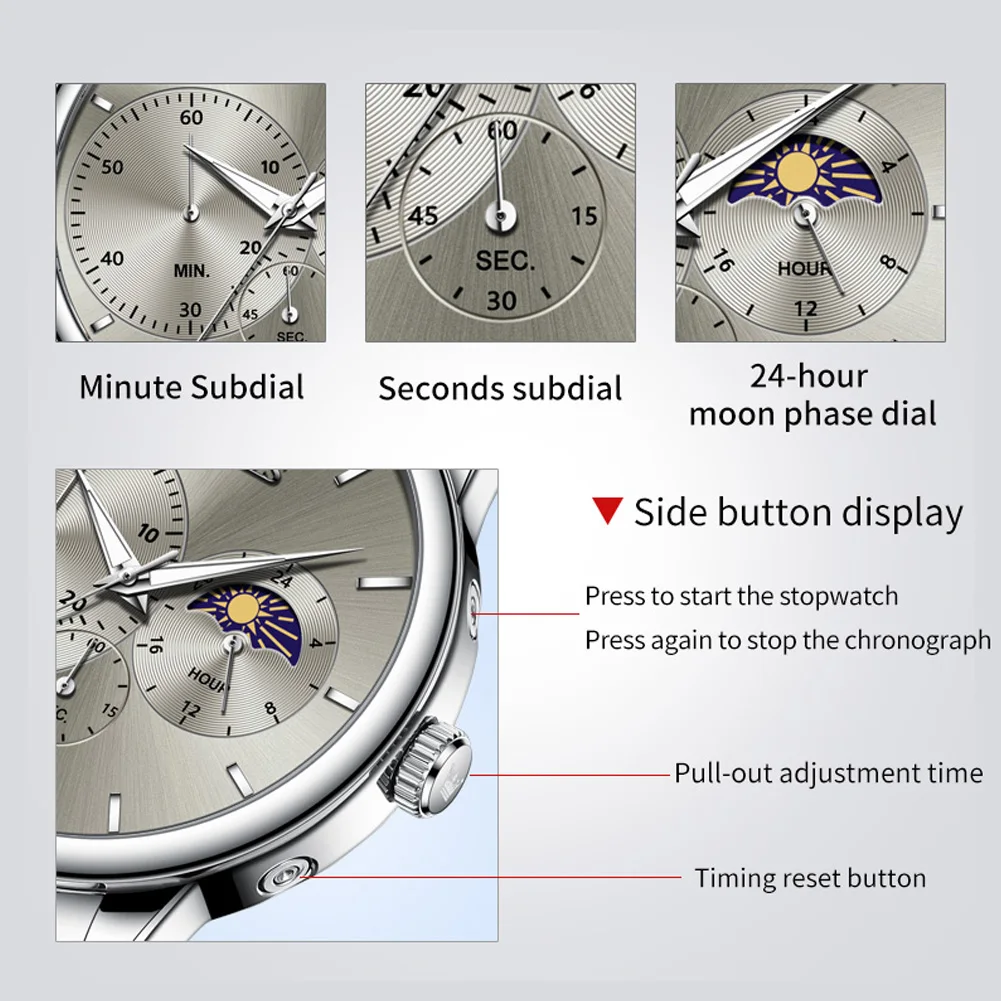 OLEVS Men's Watches 2936 Top Brand Fashion Original Quartz Watch for Man Waterproof Stainless Steel Chronograph Moon Phase 24H