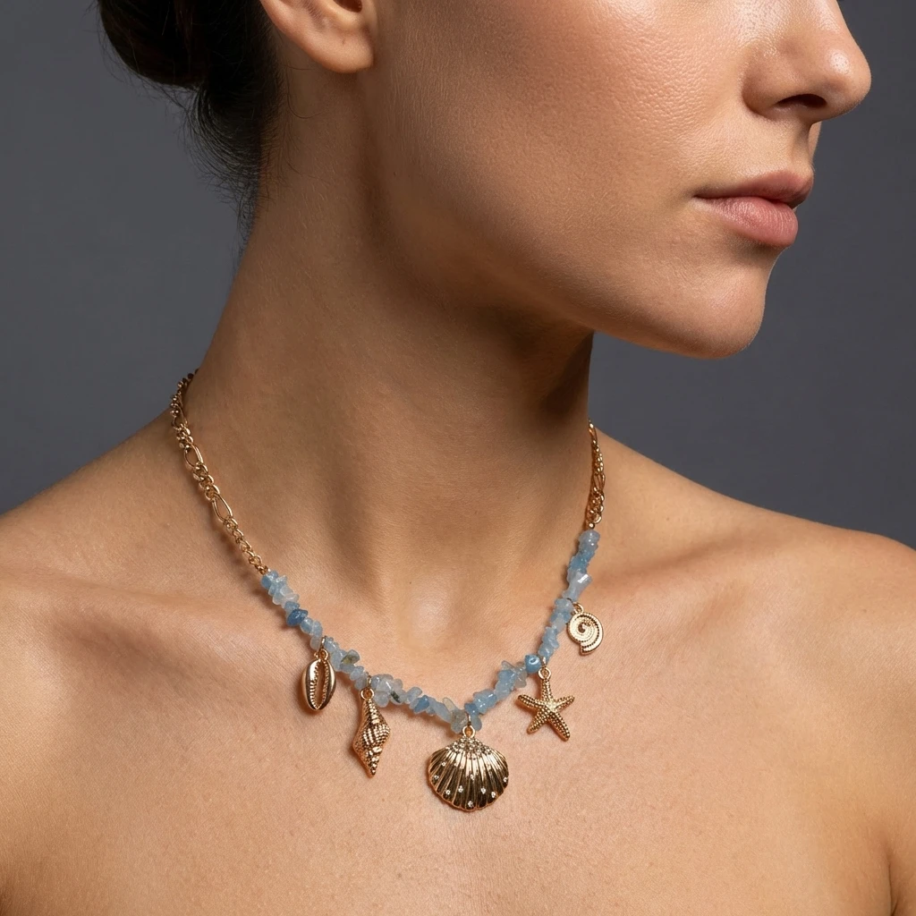 Boho Y2K Süße Muschel-Seestern-Halskette für Frauen, Blaue Unregelmäßige Kiesel-Muschel-Anhänger, Ästhetischer Schmuck, Partygeschenk – Detail 1