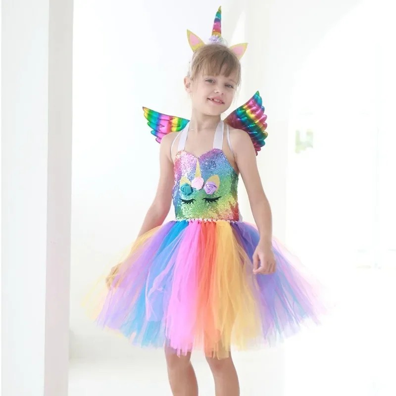 Purim Cosplay Rainbow Unicorn Dress Dazzling Sequins Colorful Girls Full Set Wings Hair Band New Year Role Play Outfit Kids