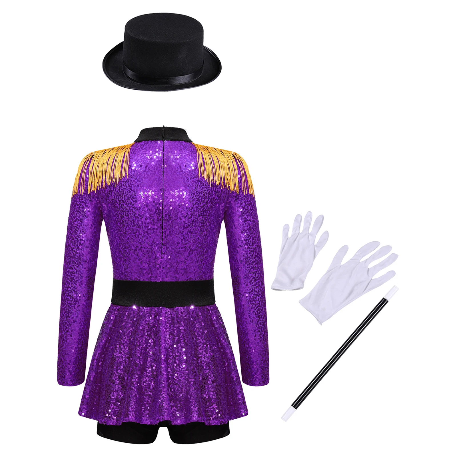 Kid Girls Circus Ringmaster Dress Magician Halloween Costume Long Sleeve Sequin Leotard Dress for Lion Tamer Theme Party Cosplay