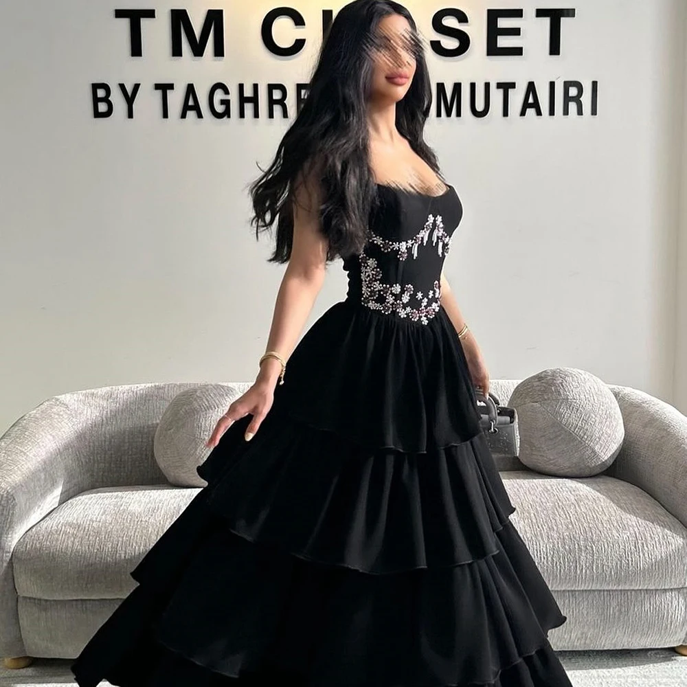 

Customized Strapless Black Jersey A-line Party Dress Spaghetti Straps Ruffles Draped Party Dress Crystal Floor Length Prom Gown