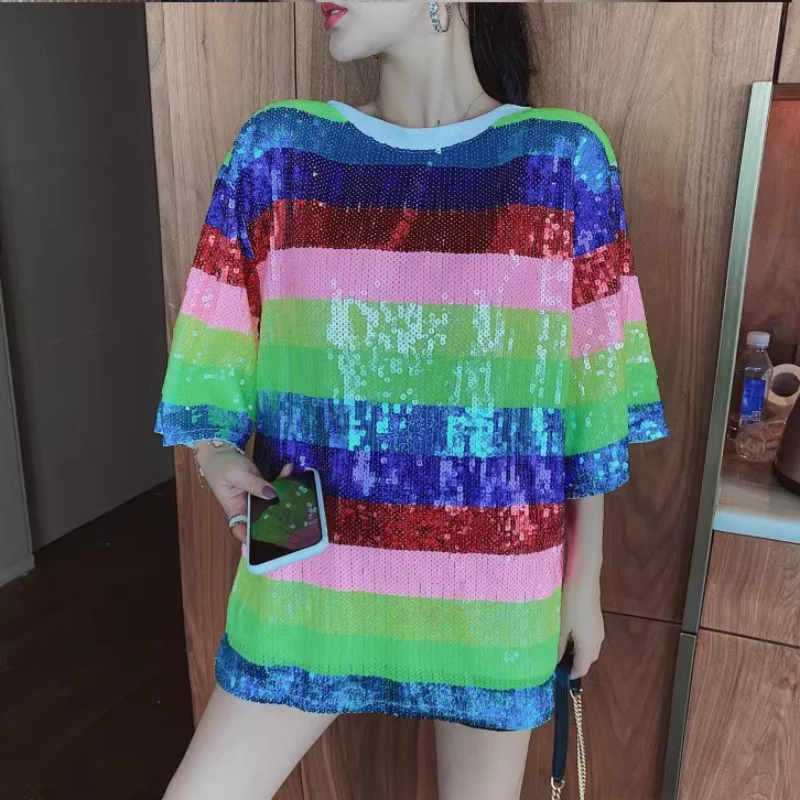 

Summer New Streetwear Sequined Rainbow Patchwork Color T-Shirt Round Neck Loose Hip Hop Short Sleeve Straight Women's Tops