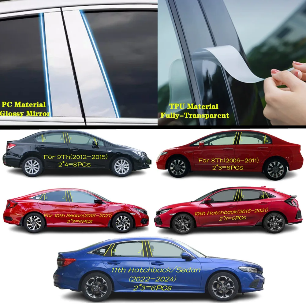 For Honda Civic 8th 9th 10th 11th Hatchback/Sedan 2006-2024 Car TPU/Glossy Mirror Pillar Post Cover Door Trim Window Sticker