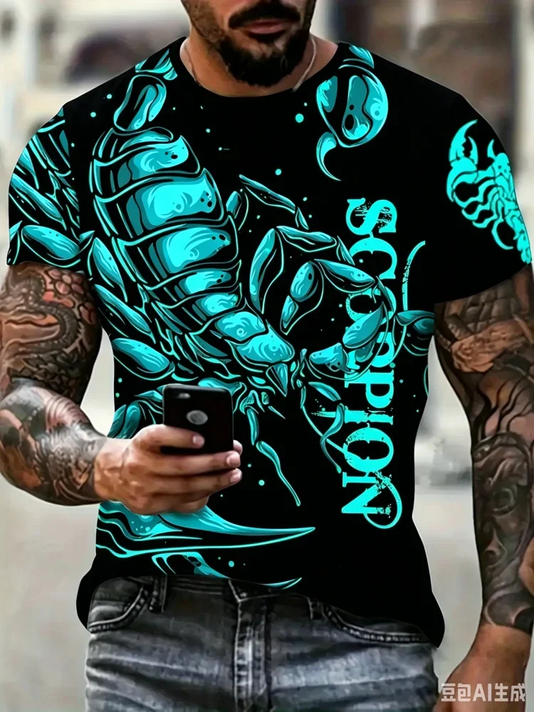 Fashion 3D Cyan Scorpion Print Men T-shirt Trend Casual Crew Neck Short Sleeve Tops Street Style Men's Clothes