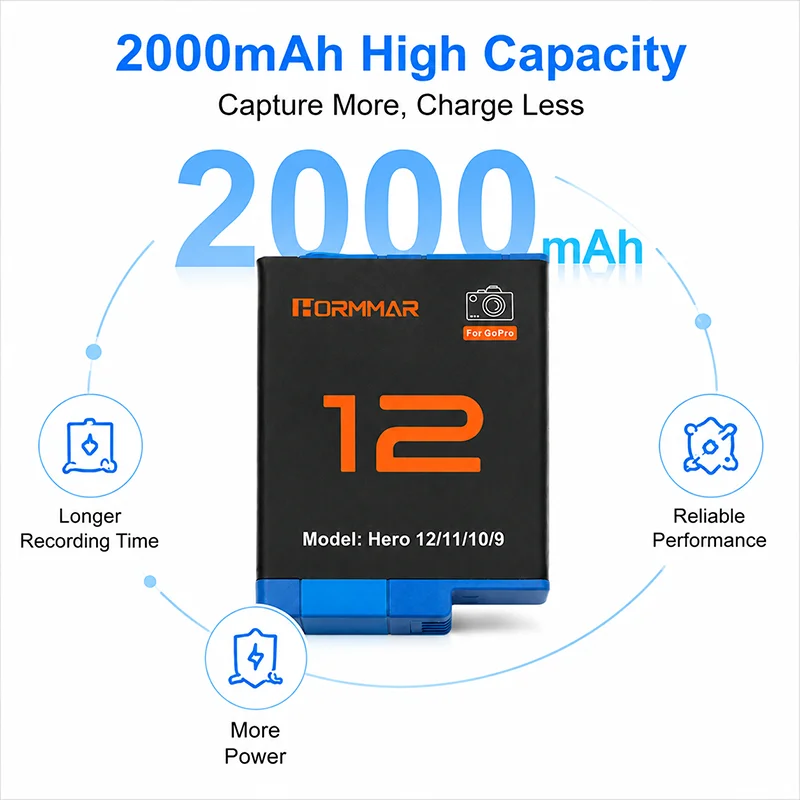 HORMMAR 2000mAh Battery for GoPro Hero 12 11 10 9 Replacement High Capacity Li-ion Rechargeable Action Camera Accessories