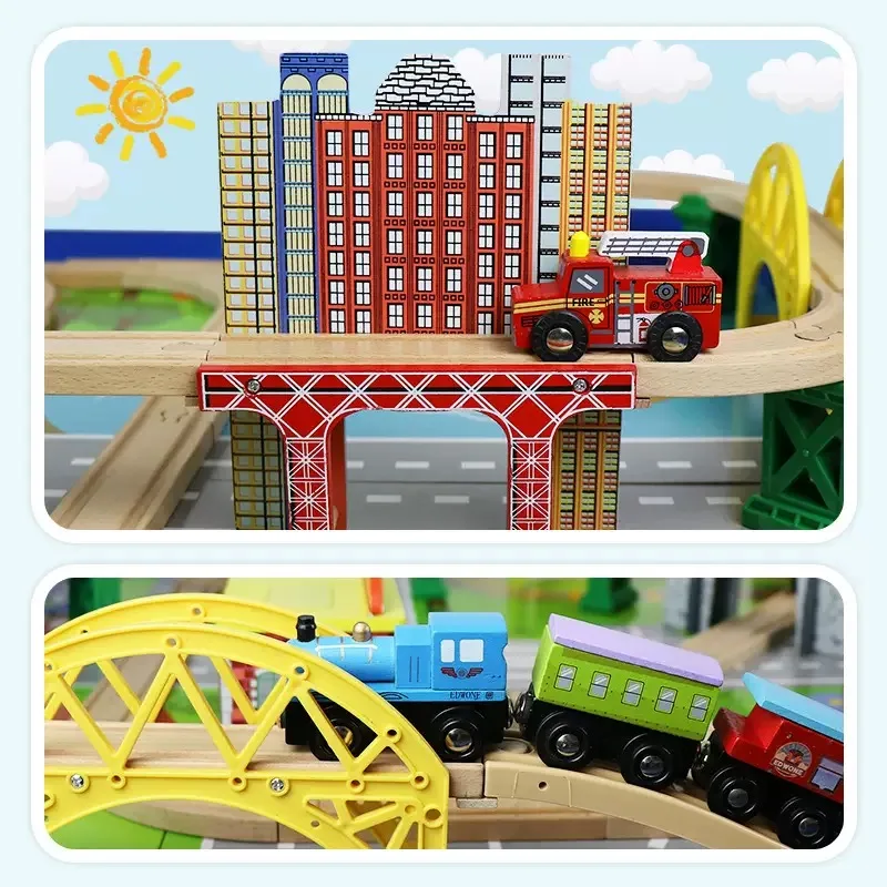 Wooden Train Track Accessories Crane Tunnel Helicopter Apron Chicken House Cave Iron Tower Bridge Wooden Railway Toys Xmas Gifts