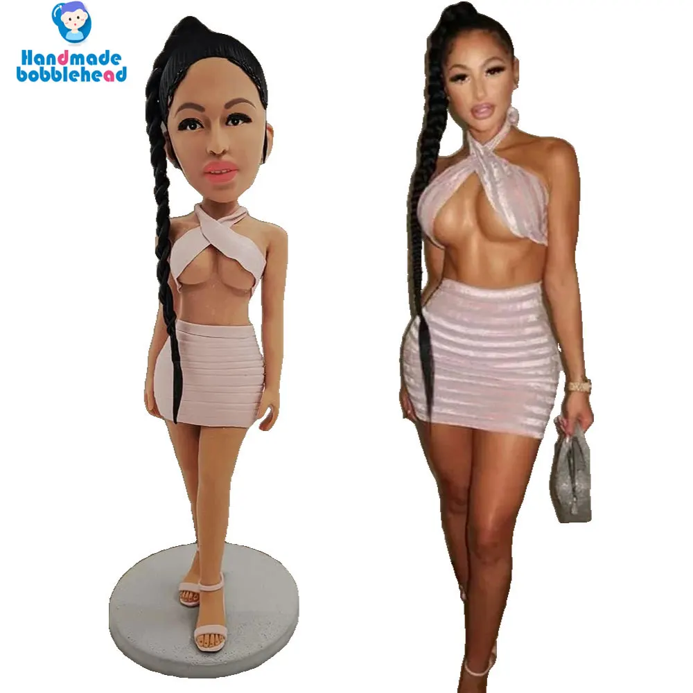 

Customized Realistic Female Bobblehead Figurine, Customized Adult Doll with Long Braided Hair, Pink Bikini Top and Skirt