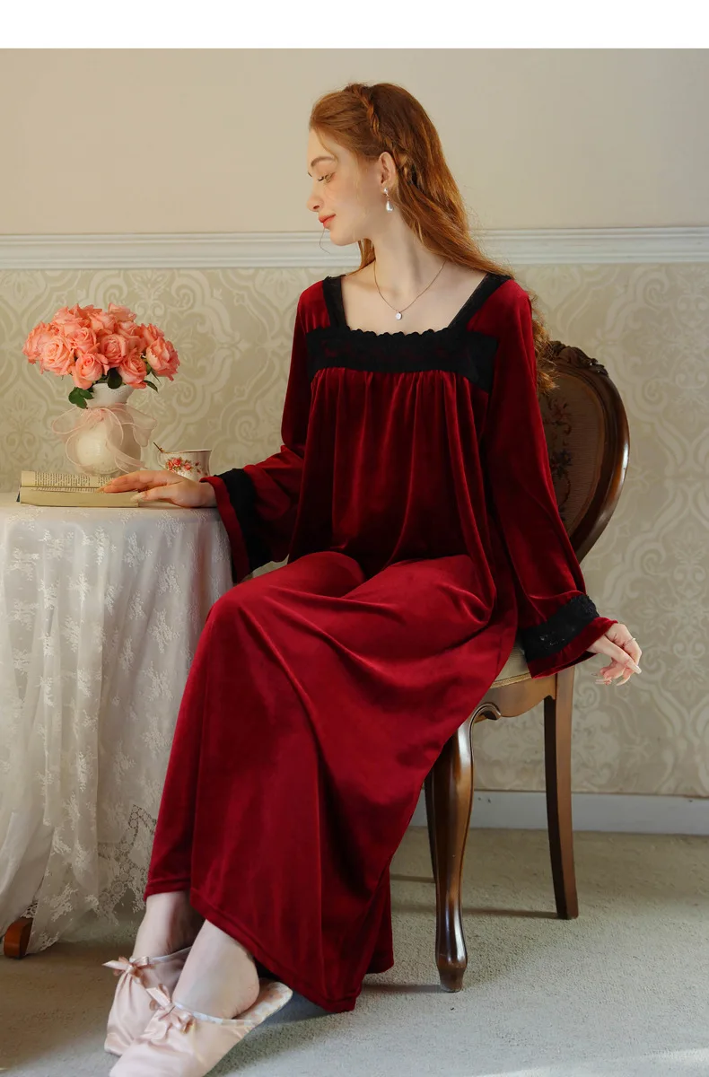 Winter Vintage Princess Velvet Long Night Dress Velour Retro Royal Nightwear Square Collar Sleepwear Nightgowns for Women