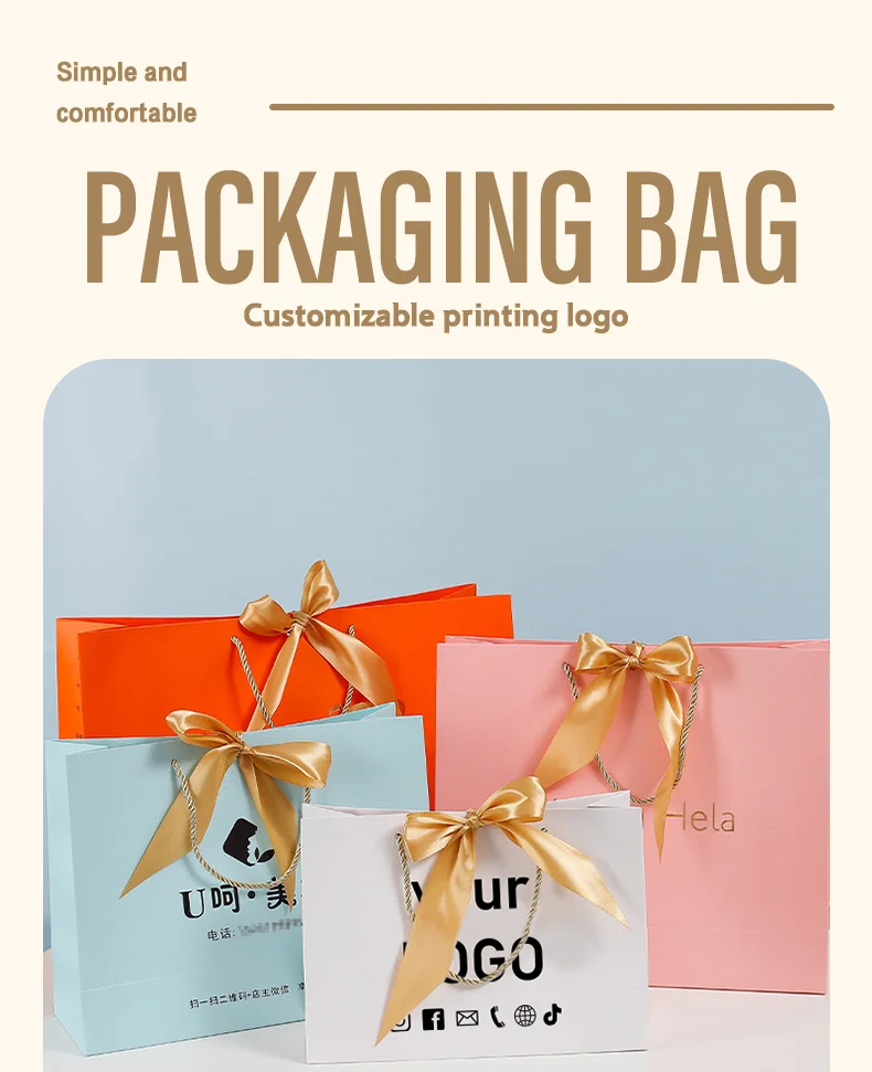 10 Stück Geschenktüten mit Schleife, Handtaschen aus Papier, Kleidungsverpackungstüten, Großhandel für Kosmetik-Einkaufstaschen, anpassbar mit gedrucktem Logo – Detail 1