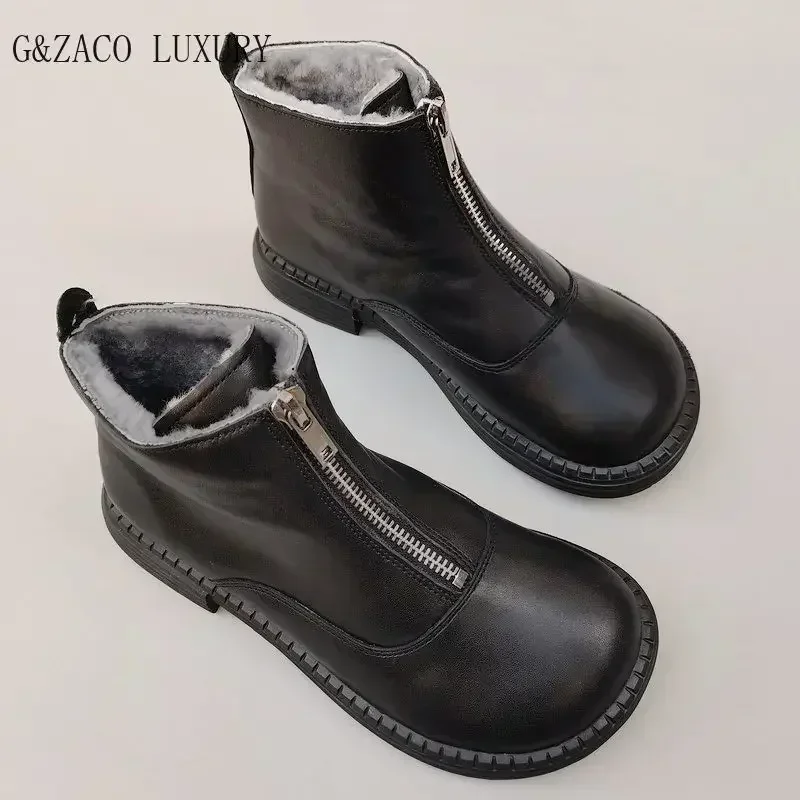 

Winter Real Wool Men's Shoes Wide Toe Short Boots Big Nose Zipper Sheep Fur Boots Anti Slip Genuine Cow Leather Women's Shoes