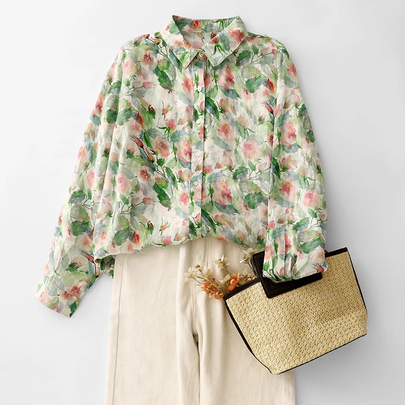 

Spring New Artistic Print Collar Loose Fit Long Sleeve Women's Shirt Cotton Polyester Blend Commute Versatile Top