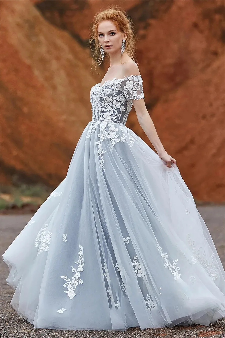 Custom Off-The-Shoulder Short-Sleeved Lace Applique Crystal a-Line Skirt Sexy Wedding Goddess Elegant And Fresh Sweetheart