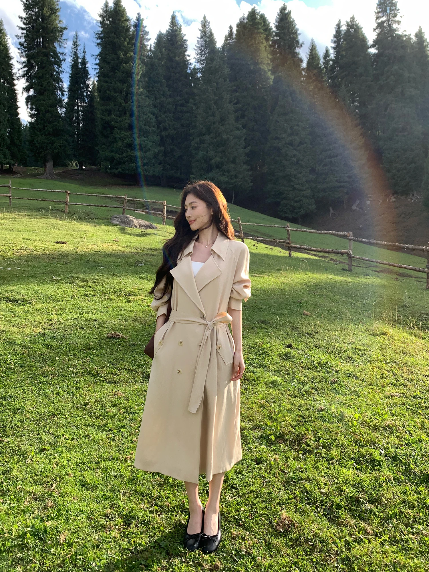 Pusumede Classic Long Style Women's Coat with Detachable Waist Belt Double Row Buttons Office Commute Friendly Outerwear