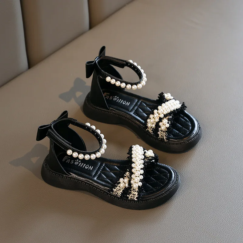 2023 Sommer mode Perlen Fliege Schuhe für Kinder Mädchen Prinzessin Schuhe weiche Wohnungen Strand Kinder kleid Sandalen beige schwarz