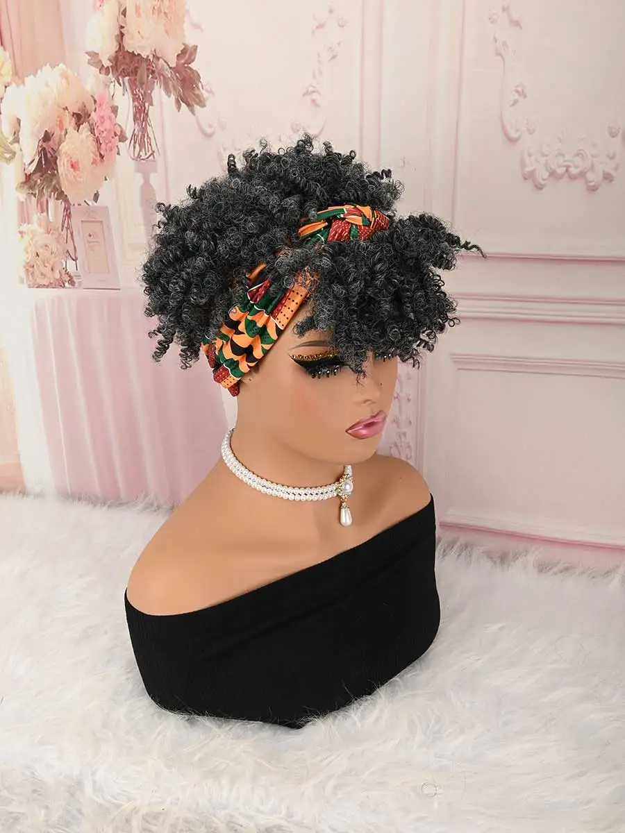 Grey Black Mix Kinky Curly Headwrap Wig, Pre-tied Glueless Turban Hairpiece for African American Women Styling Synthetic Wig - view 4