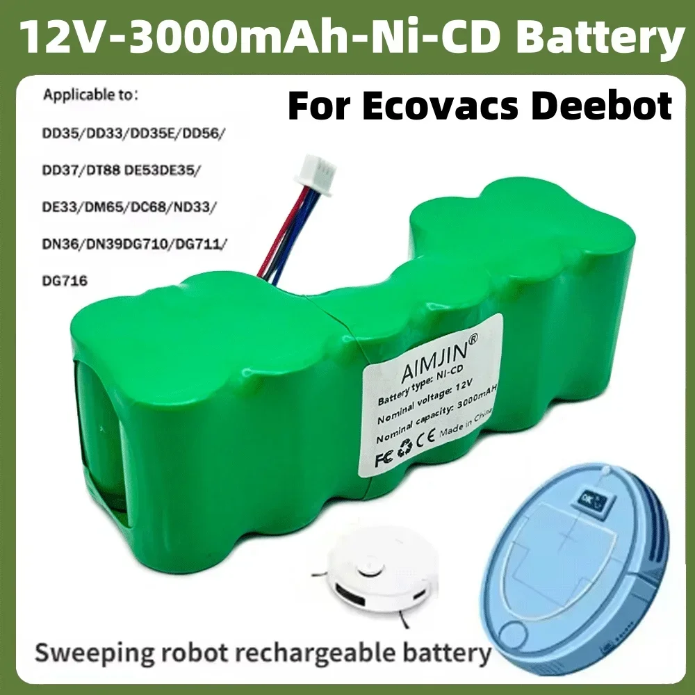 Ni-CD 12V 3.0Ah Battery Replacement for Ecovacs 10001568 10002167 DD3G DD4G DE5G DD35 DG710 DM88 ZJ1517-HFR Robotic Vacuum Cle