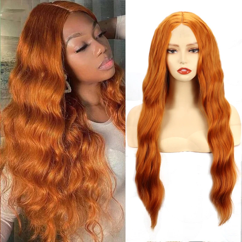 European and American style lace for women, middle-parted long curly hair, orange big waves, synthetic fiber wig