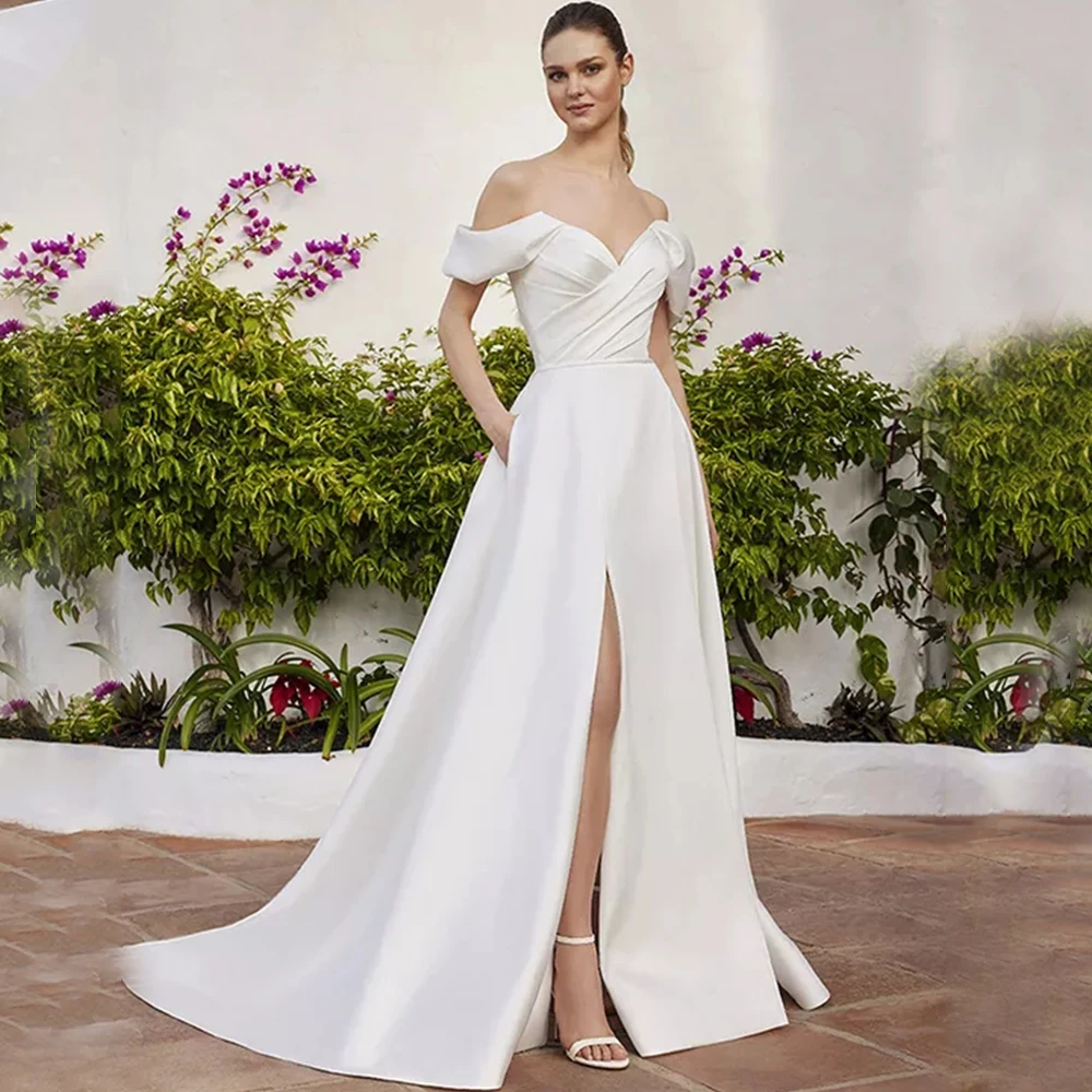 Elegant Pleat Off the Shoulder Wedding Dress with Pocket A-Line Floor Length Side Slit Backless Princess Bridal Sweep Train Gown