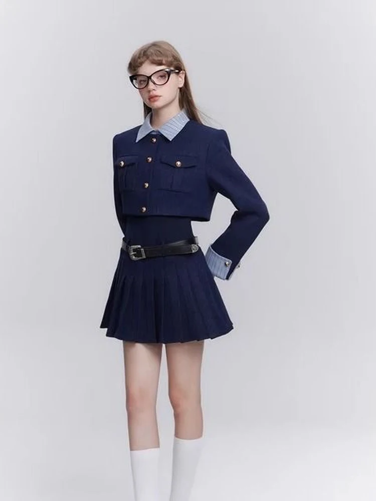 Ensemble de robe de style français pour femme, col imbibé, sensation avancée, bleu foncé, style preppy chic, vêtements urbains, 2 pièces