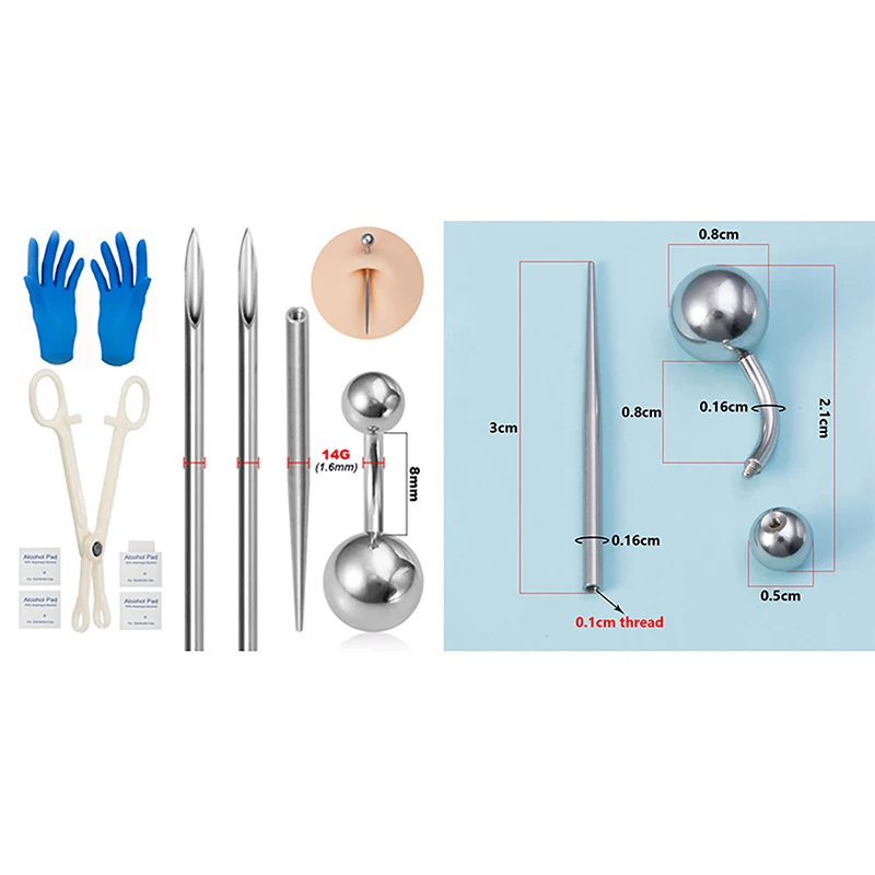 Body Piercing Kit Surgical Steel Threaded Taper Pin Needles Lip Nose Tongue Cartilage Eyebrow Navel Piercing Jewelry Tool Pliers