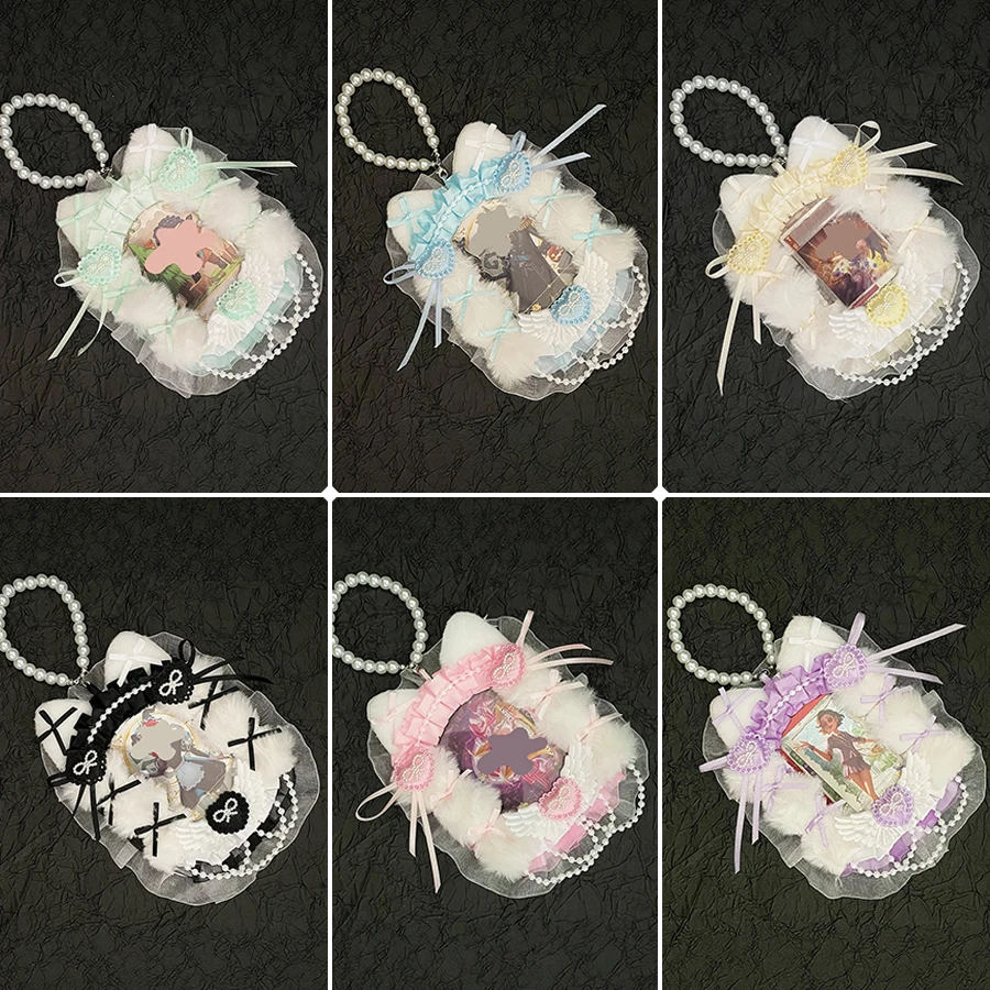 Plüsch Katzenohren Engelsflügel Perlenkette Spitzenkartenhalter Lolita Schleife 3 Zoll Kpop Fan Karten Dekorative Umrandung Macaron Farbserie Polaroid Foto Idol Sammlung Ita Bag Ita Board Dekoration