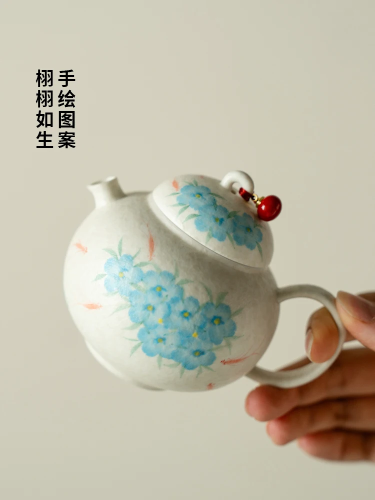 Rock Mine White Tea Pot Ceramic Single Pure Hand Drawing Blue Star Flower round Belly Teapot with Slip Female Kung Fu Set
